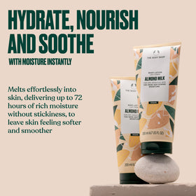 The Body Shop Almond Milk and Honey Body Lotion back view with ingredients