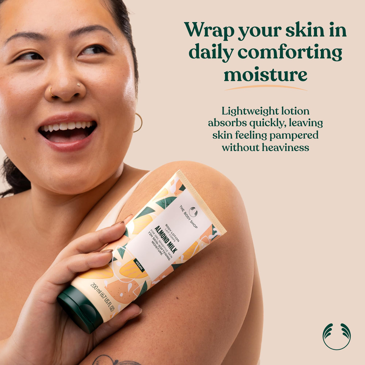 The Body Shop Almond Milk and Honey Body Lotion in a lifestyle setting