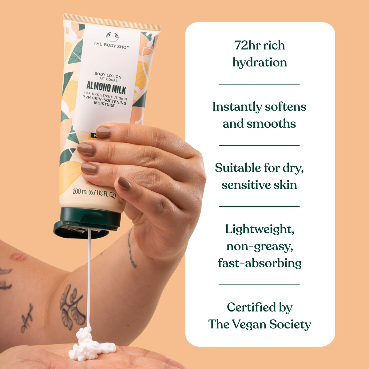 The Body Shop Almond Milk and Honey Body Lotion tube made with recycled plastic