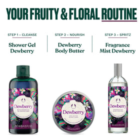 The Body Shop Dewberry Body Butter on a bathroom shelf