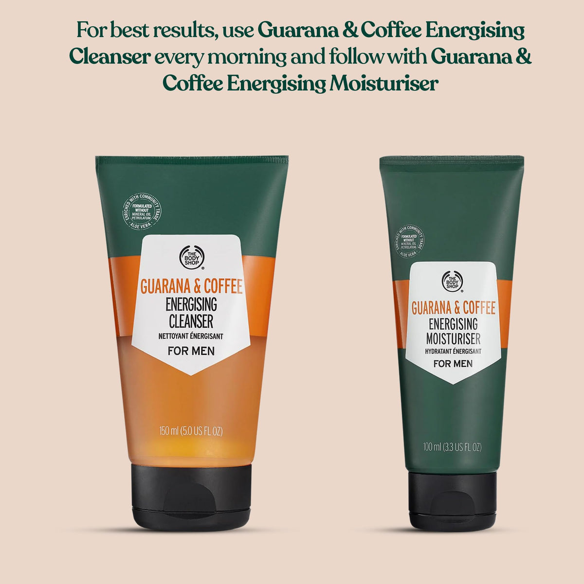 The Body Shop Guarana and Coffee Energizing Moisturiser on a bathroom counter