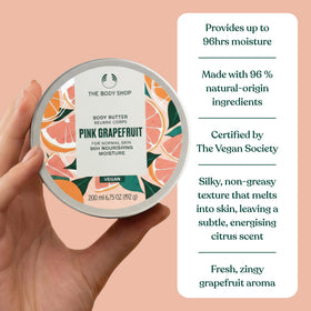 The Body Shop Pink Grapefruit Body Butter 240g on a bathroom shelf