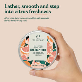 The Body Shop Pink Grapefruit Body Butter 240g with grapefruit slices