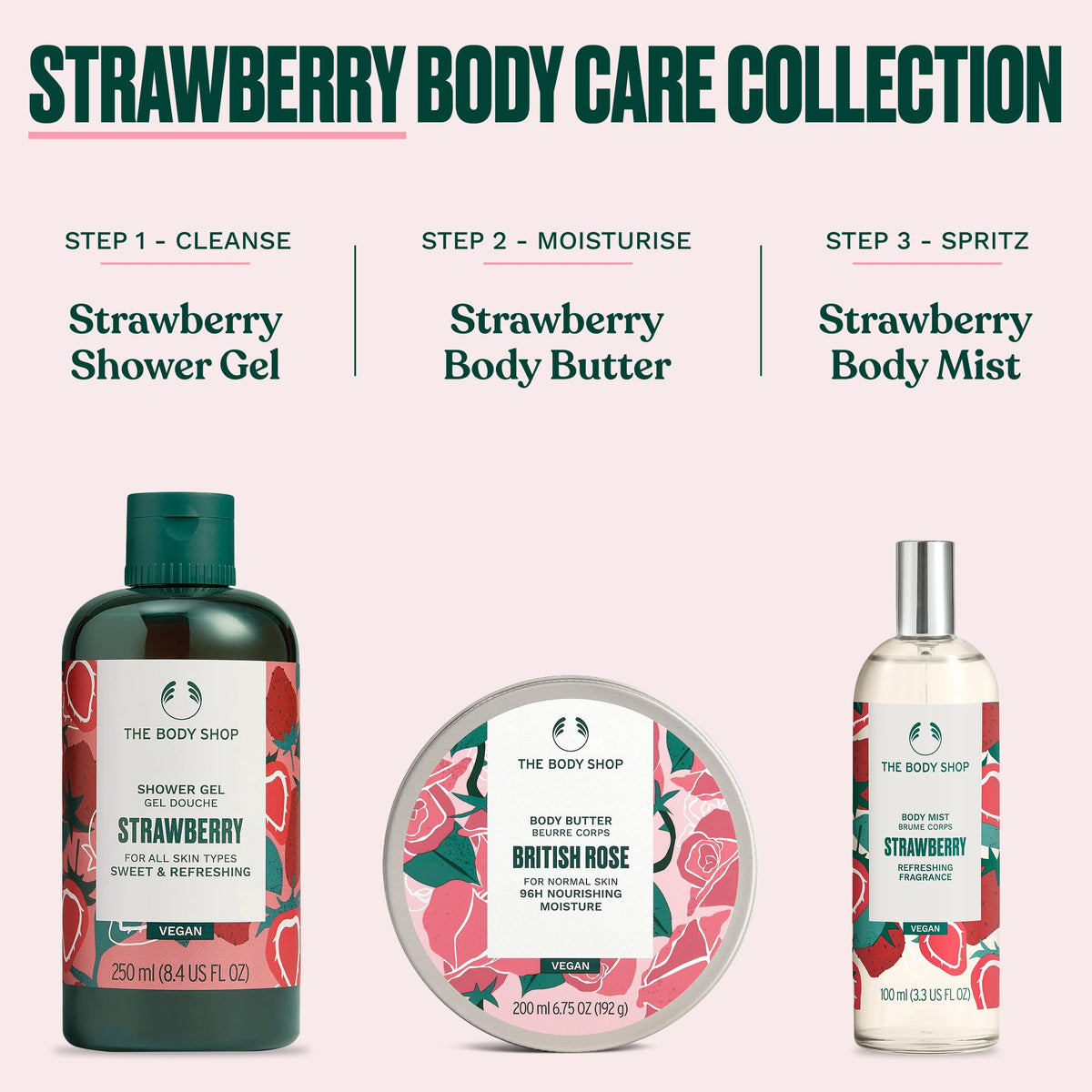The Body Shop Strawberry Body Butter 240g on a bathroom shelf