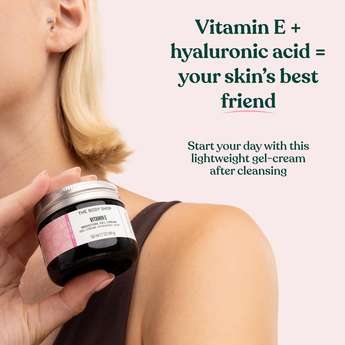 The Body Shop Vitamin E Gel Moisture Cream on a bathroom shelf