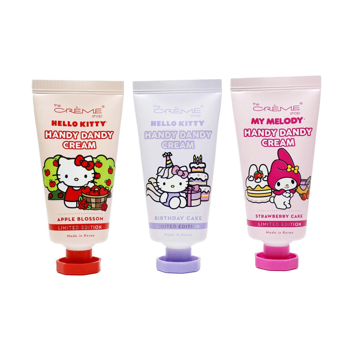 The Crème Shop Hello Kitty hand cream trio packaging featuring three scents