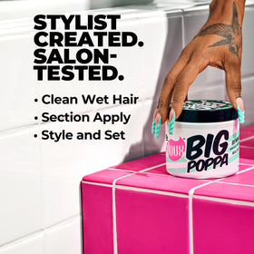 The Doux BIG POPPA Curl Defining Gel 12 oz with application instructions
