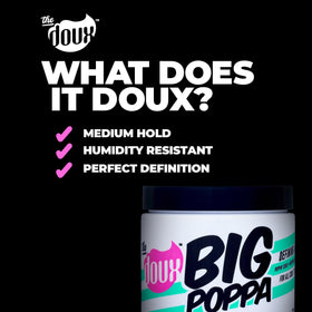 The Doux BIG POPPA Curl Defining Gel 12 oz with curly hair model