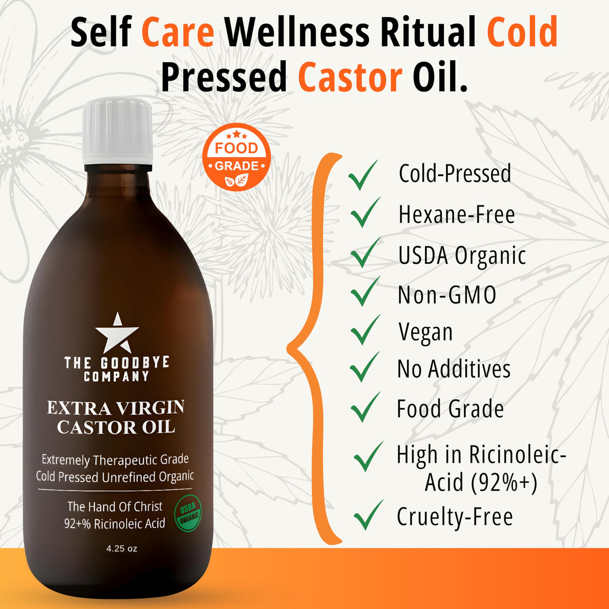 The Goodbye Company Organic Castor Oil 4.25oz dark glass bottle side view