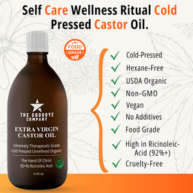 The Goodbye Company Organic Castor Oil 4.25oz dark glass bottle side view
