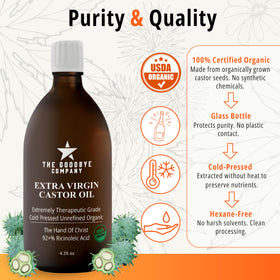 The Goodbye Company Organic Castor Oil 4.25oz dark glass bottle with a dropper