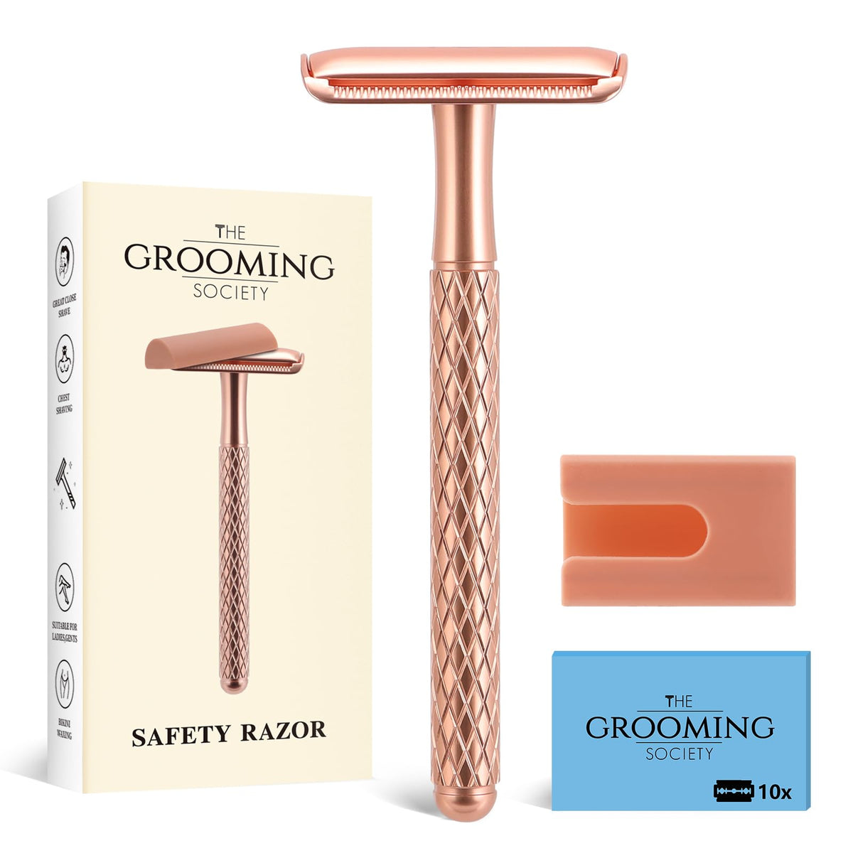 THE GROOMING SOCIETY double edge safety razor front view in rose gold