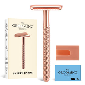 THE GROOMING SOCIETY double edge safety razor front view in rose gold