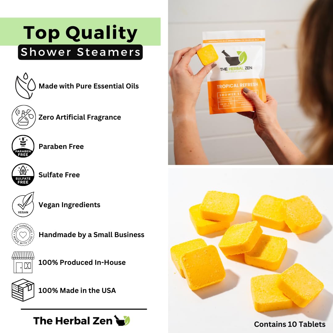 The Herbal Zen Citrus Tropical Refresh Shower Steamers arranged in a spa setting