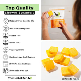 The Herbal Zen Citrus Tropical Refresh Shower Steamers arranged in a spa setting