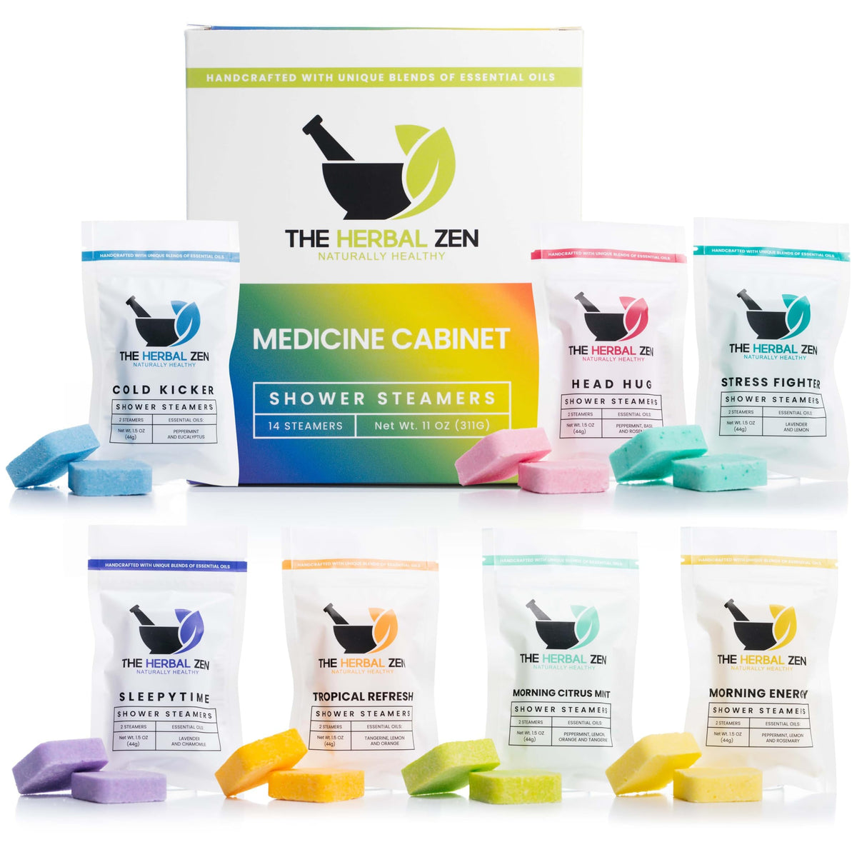 The Herbal Zen Shower Steamers 14 Pack front view with assorted blends