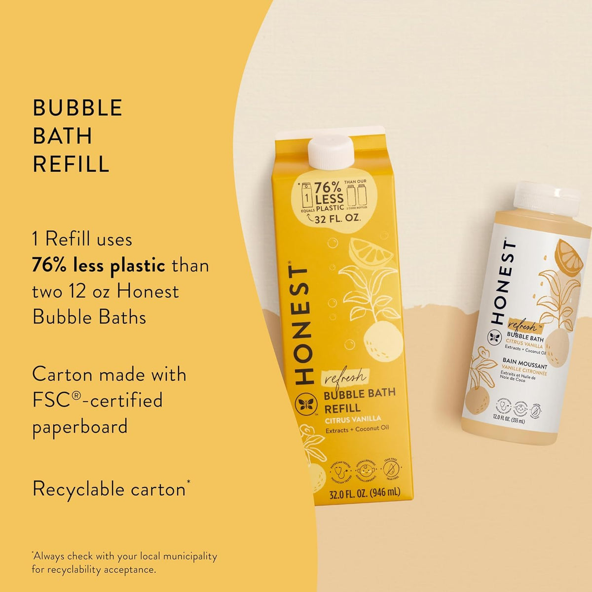 The Honest Company Bubble Bath 32 oz Citrus Vanilla packaging with eco-friendly label