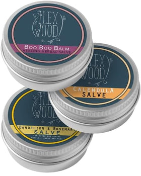 The Ilex Wood Natural Salve Pack of 3 front view with labels