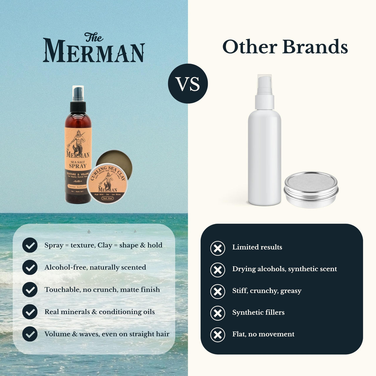 The Merman Sea Salt Spray and Curling Sea Clay packaging