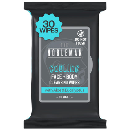 The Nobleman Cooling Face & Body Cleansing Wipes front view with packaging