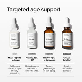 The Ordinary GF 15% Solution Anti-Aging Serum on a bathroom shelf