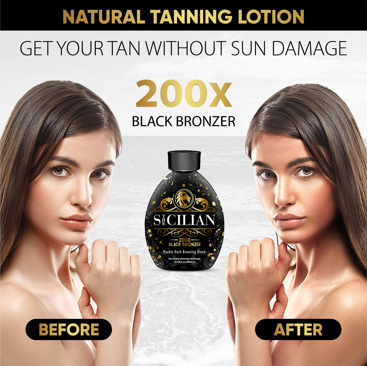 The Sicilian 200X Black Bronzer Tanning Lotion packaging details