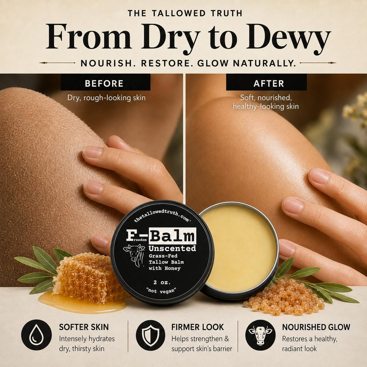 The Tallowed Truth Beef Tallow Balm displayed with honey