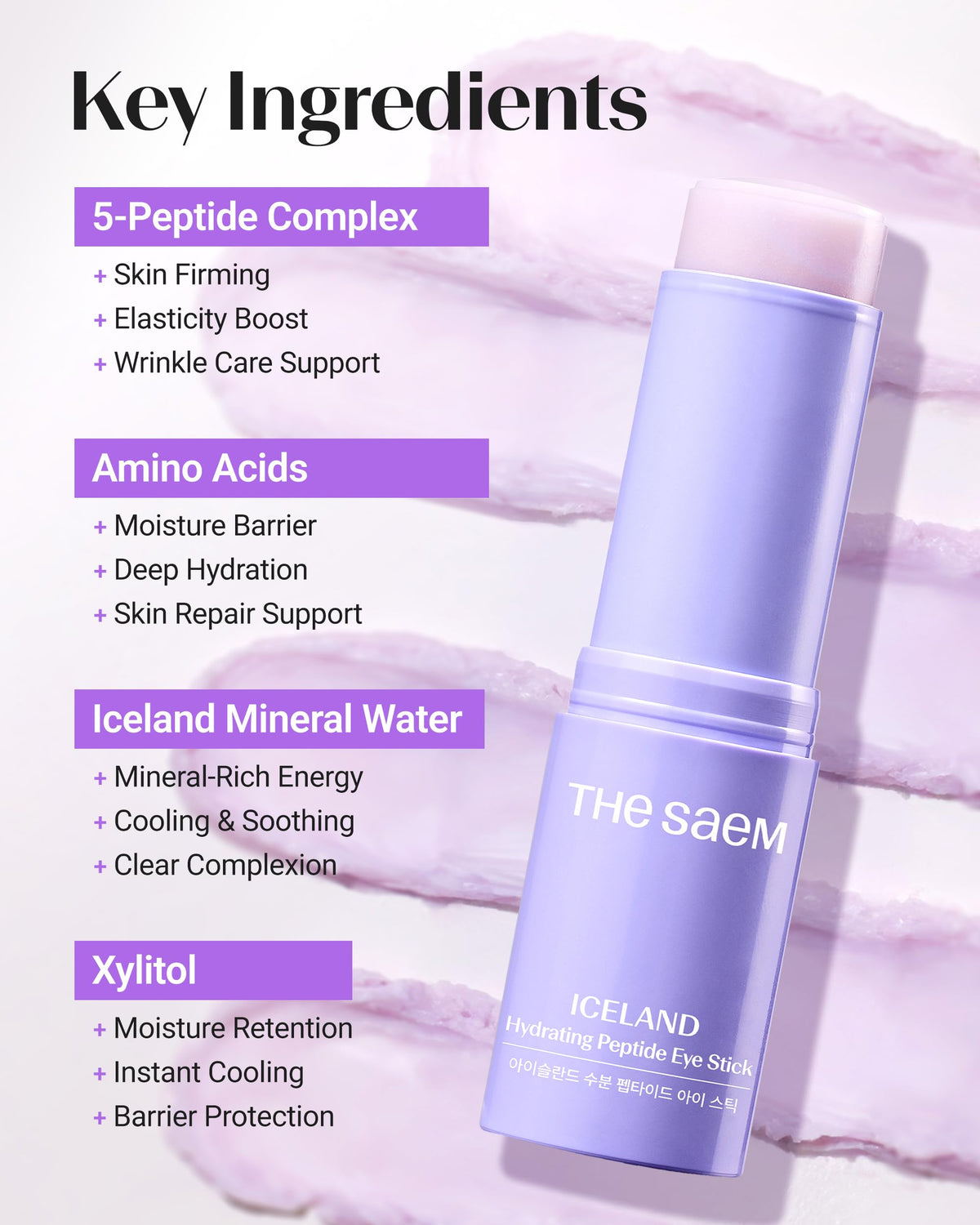 THESAEM Iceland Hydrating Peptide Eye Stick with ingredients list