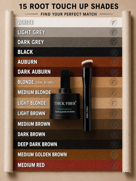 Thick Fiber Root Touch Up Powder set displayed on a vanity