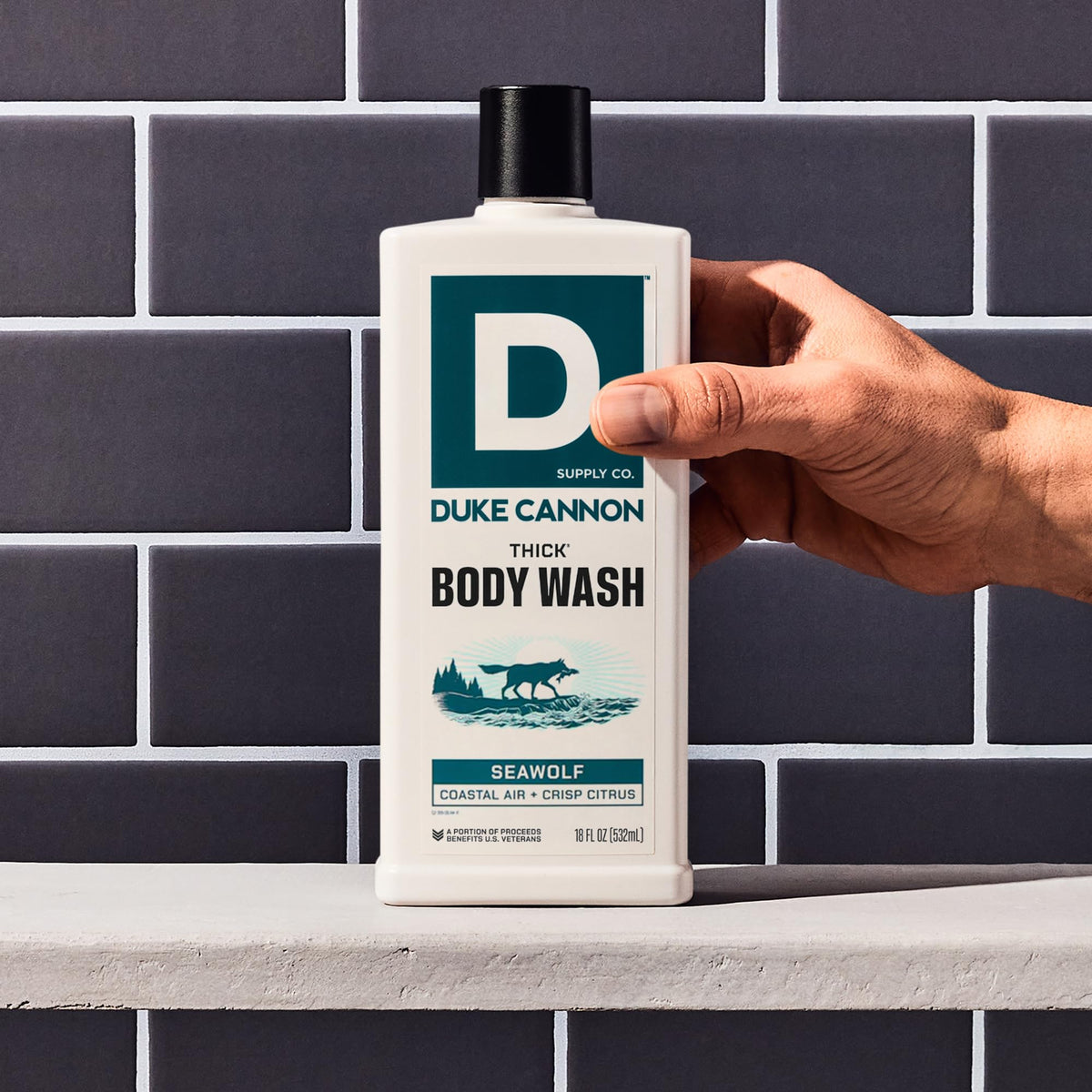 Thick lather from Duke Cannon body wash on skin