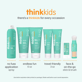 THINK Kids Sunscreen SPF 50+ in a beach setting with children playing
