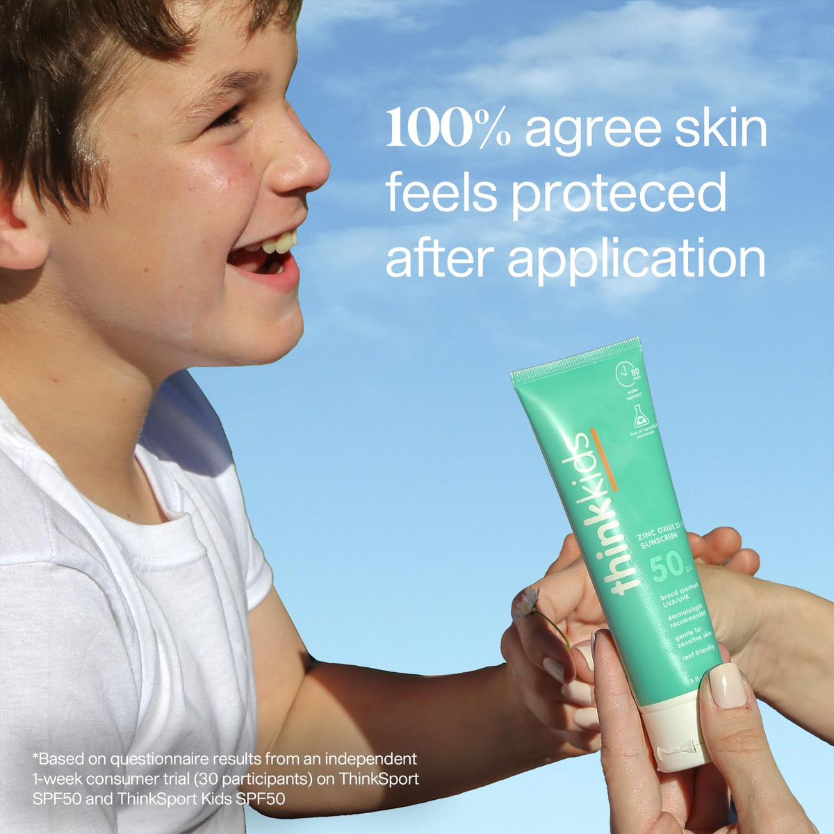 THINK Kids Sunscreen SPF 50+ packaging on a sunny day outdoors