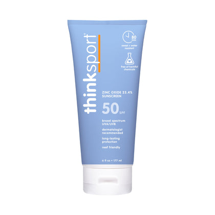 THINK Thinksport Mineral Sunscreen SPF 50+ front view, 6 Fl Oz bottle