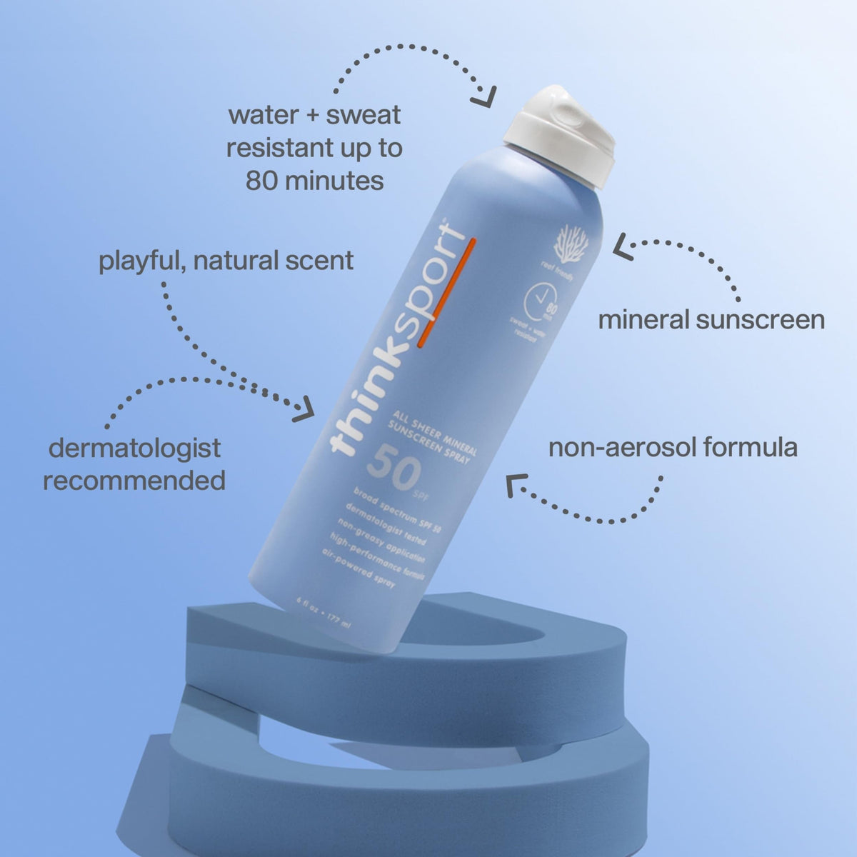 Thinksport Mineral Sunscreen Spray SPF 50+ back view with ingredient list