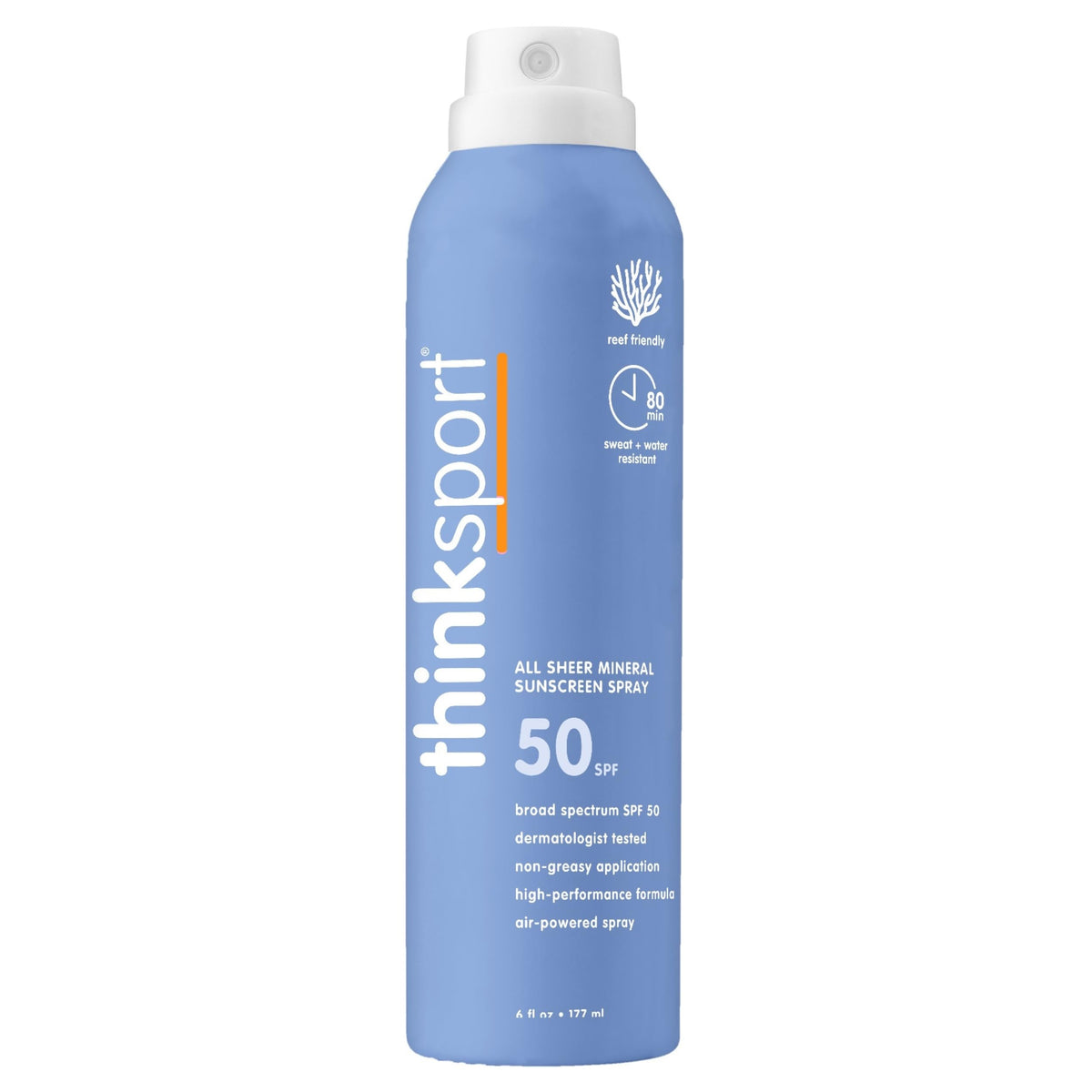 Thinksport Mineral Sunscreen Spray SPF 50+ front view 6 Fl Oz