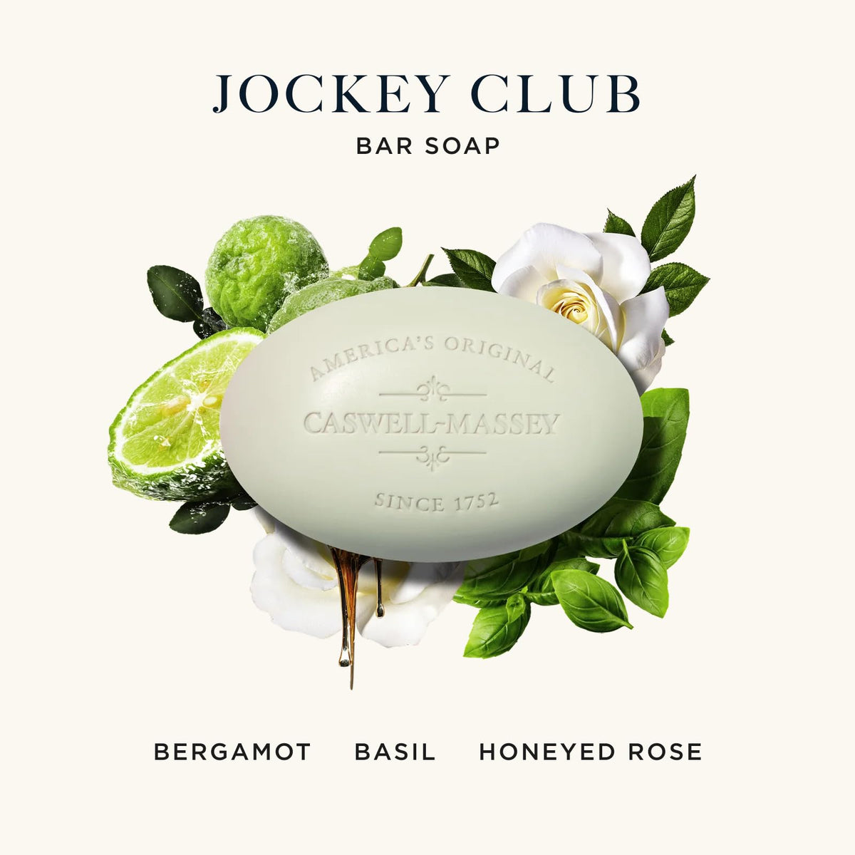 Three Caswell-Massey Jockey Club scented soap bars stacked