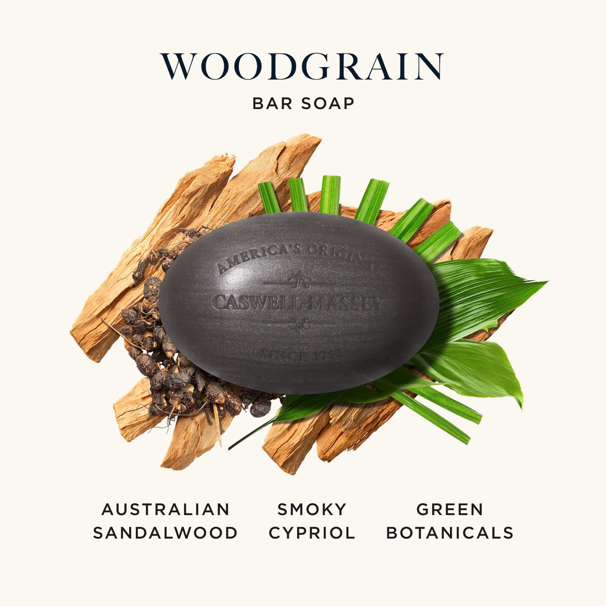 Three Caswell-Massey sandalwood soap bars displayed