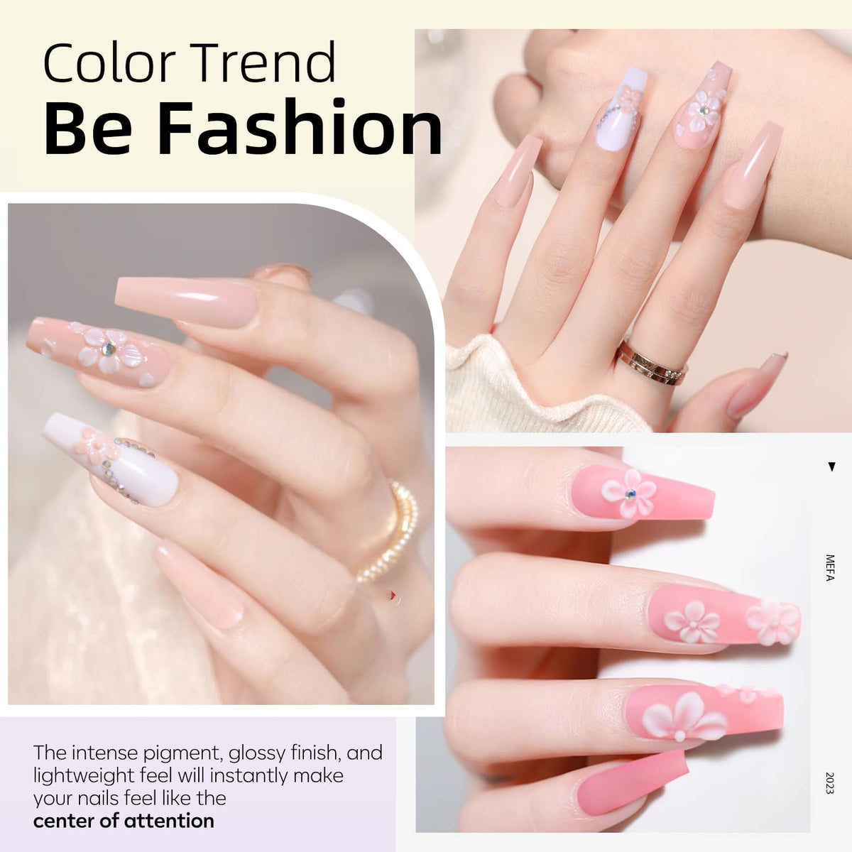 Three colour acrylic powders included in the kit