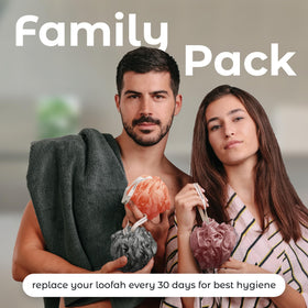 Three MainBasics loofah sponges displayed together
