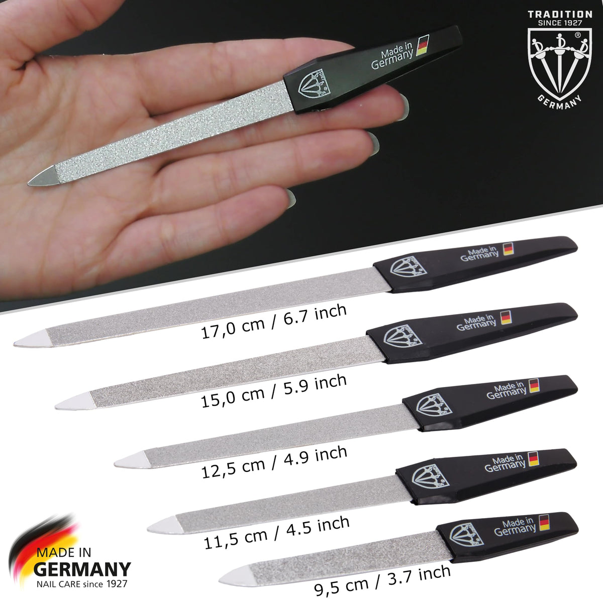 Three nail files displayed with integrated cuticle pusher