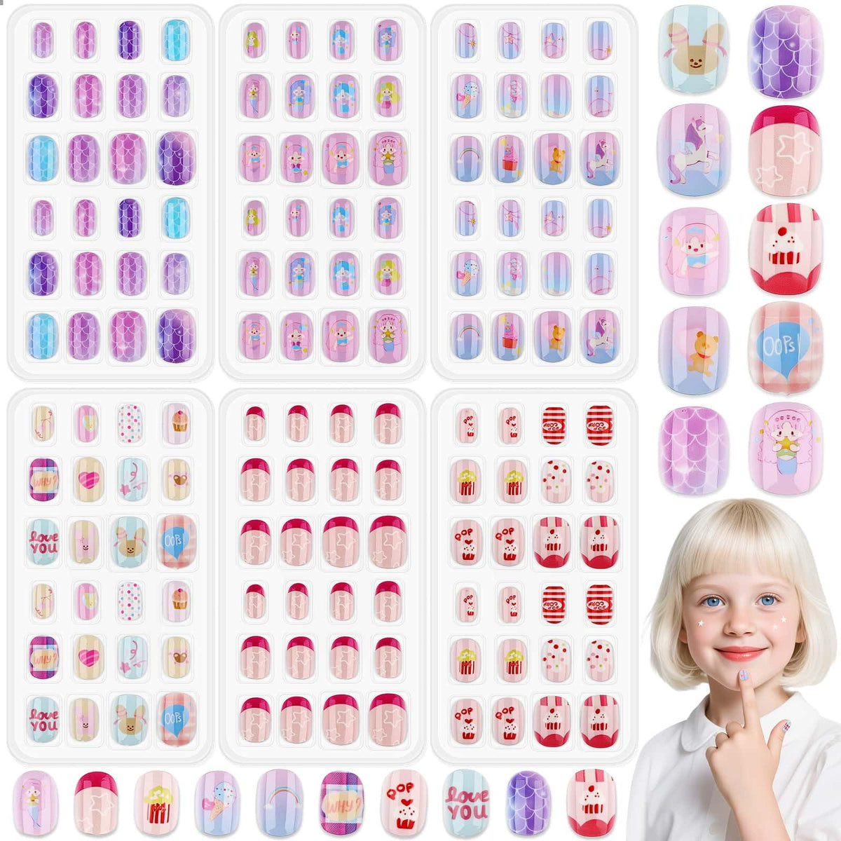 Thrilez 144 Pcs Press On Nails for Kids assorted styles front view