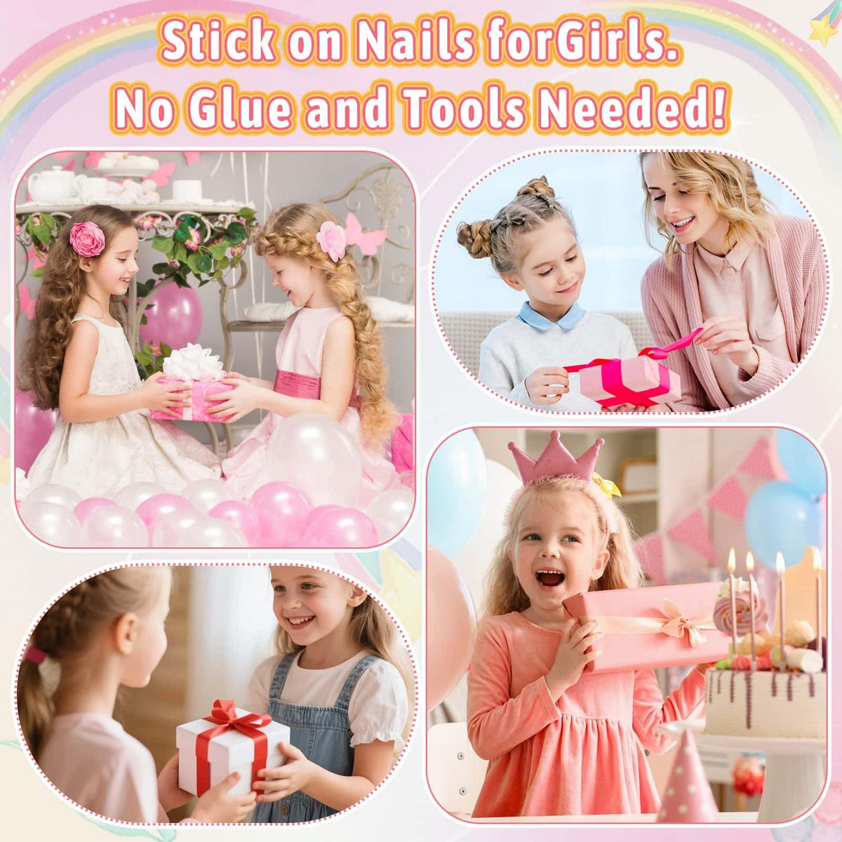 Thrilez Kids Fake Nails Set showing application process