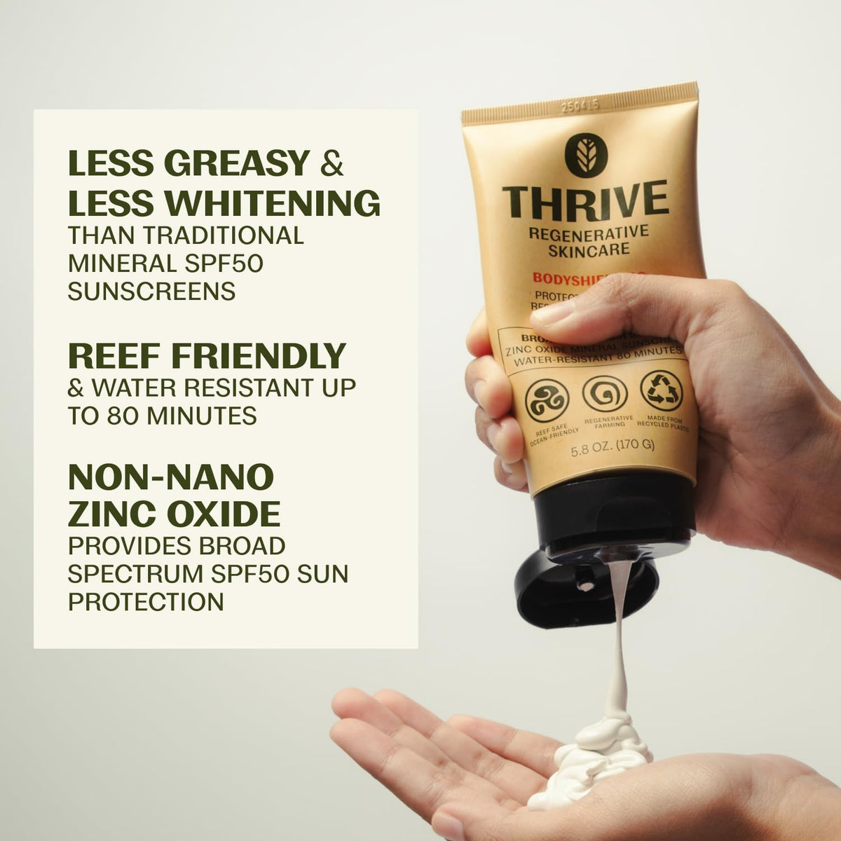 Thrive Natural Care Reef Safe Sunscreen SPF50 side view showing texture