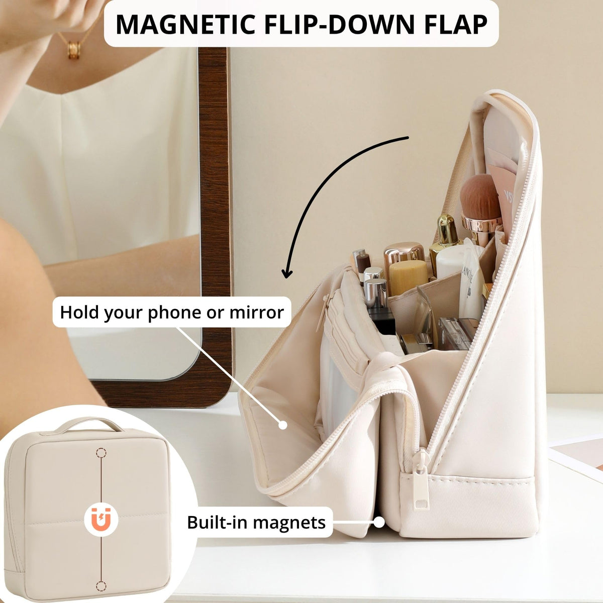 tianzong Travel Makeup Bag with magnetic fold-down flap