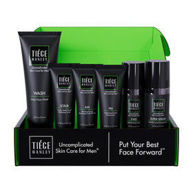 Tiege Hanley Anti-Aging Men's Skin Care Set front view with all products