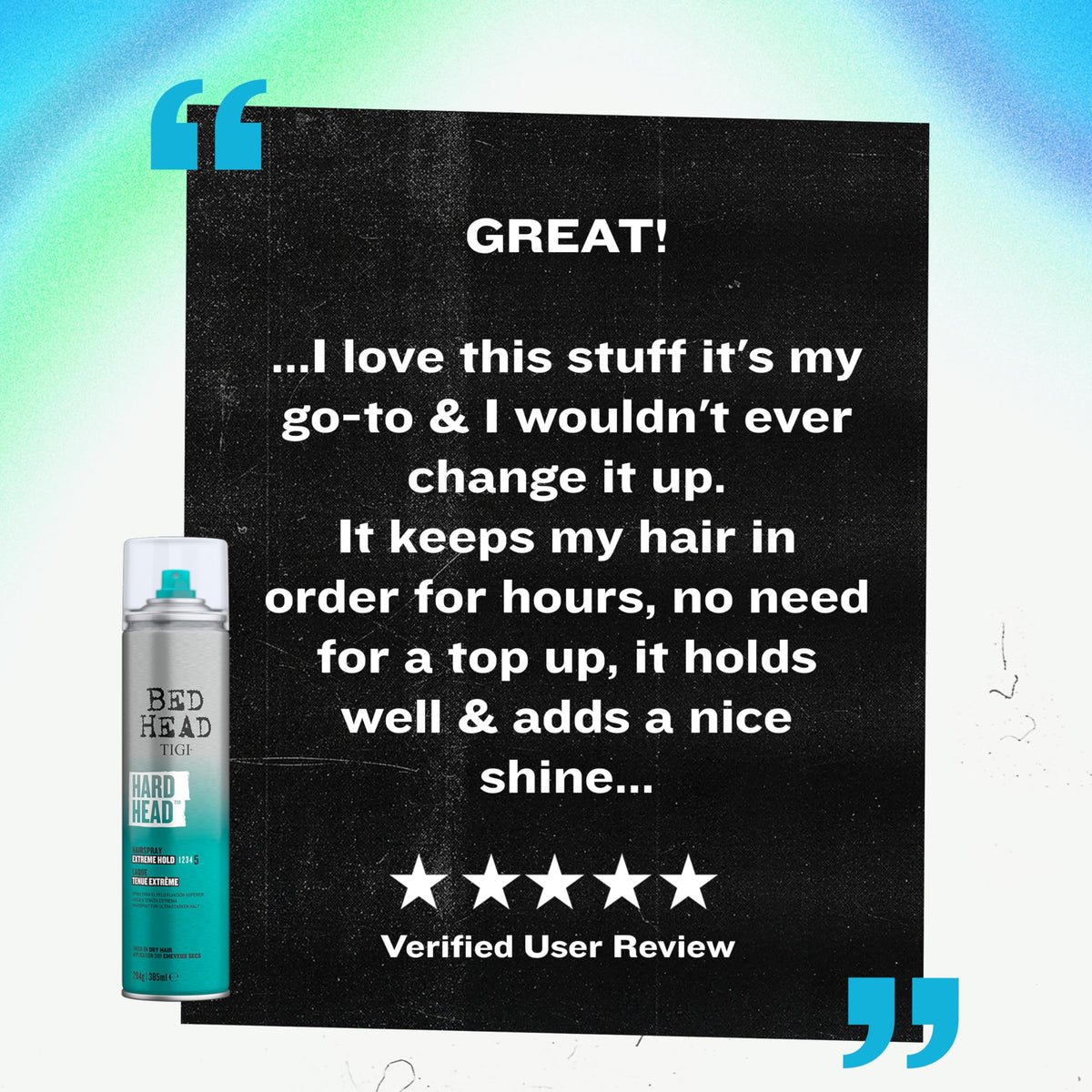 TIGI Bed Head Hard Head Hair Spray showing natural shine finish