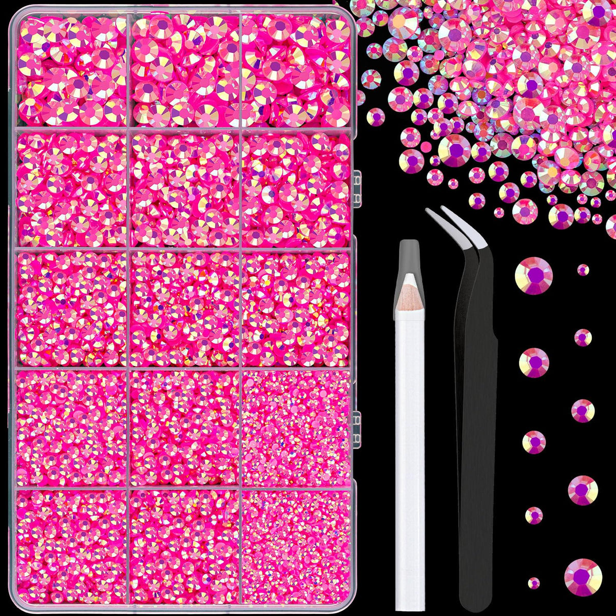 TINKRSTUFF 16000 Pcs Hot Pink AB resin rhinestones front view