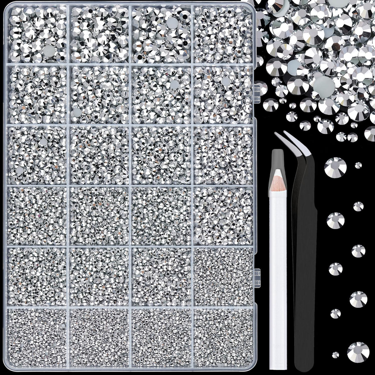 TINKRSTUFF 25000Pcs Silver Resin Rhinestones box front view