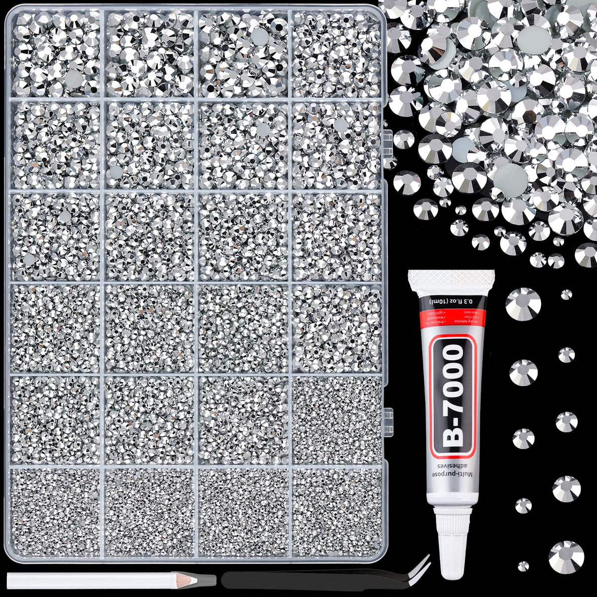 TINKRSTUFF 25000Pcs silver rhinestones box front view