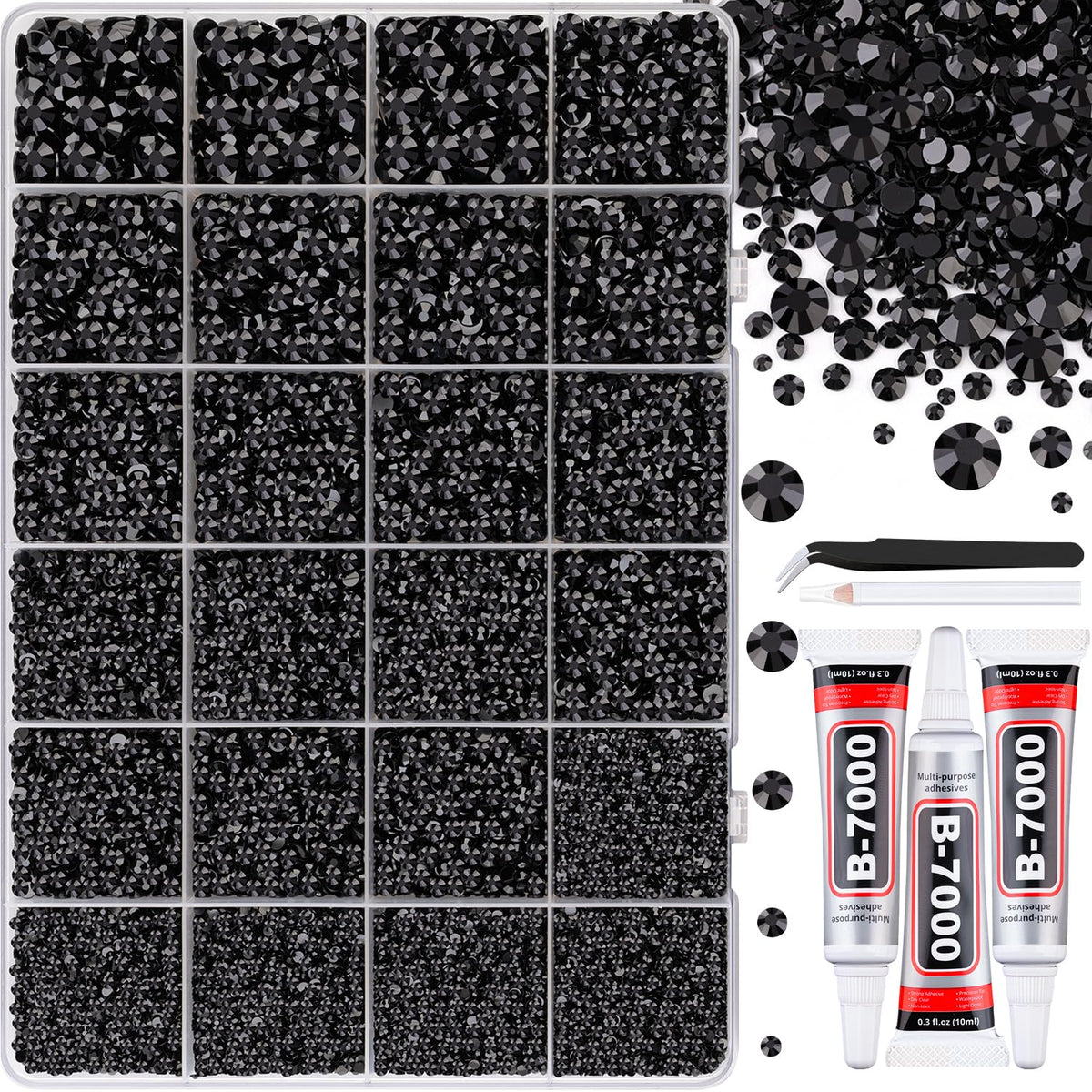 TINKRSTUFF Black Rhinestones Bedazzler Kit front view with assorted rhinestones